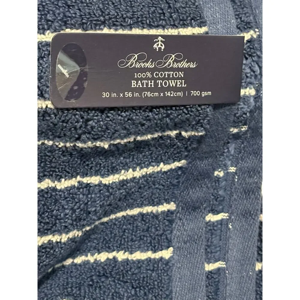 Brooks Brothers Blue White Stripe Cotton Bath Towels Set 2 Measures 30X56” NWT
